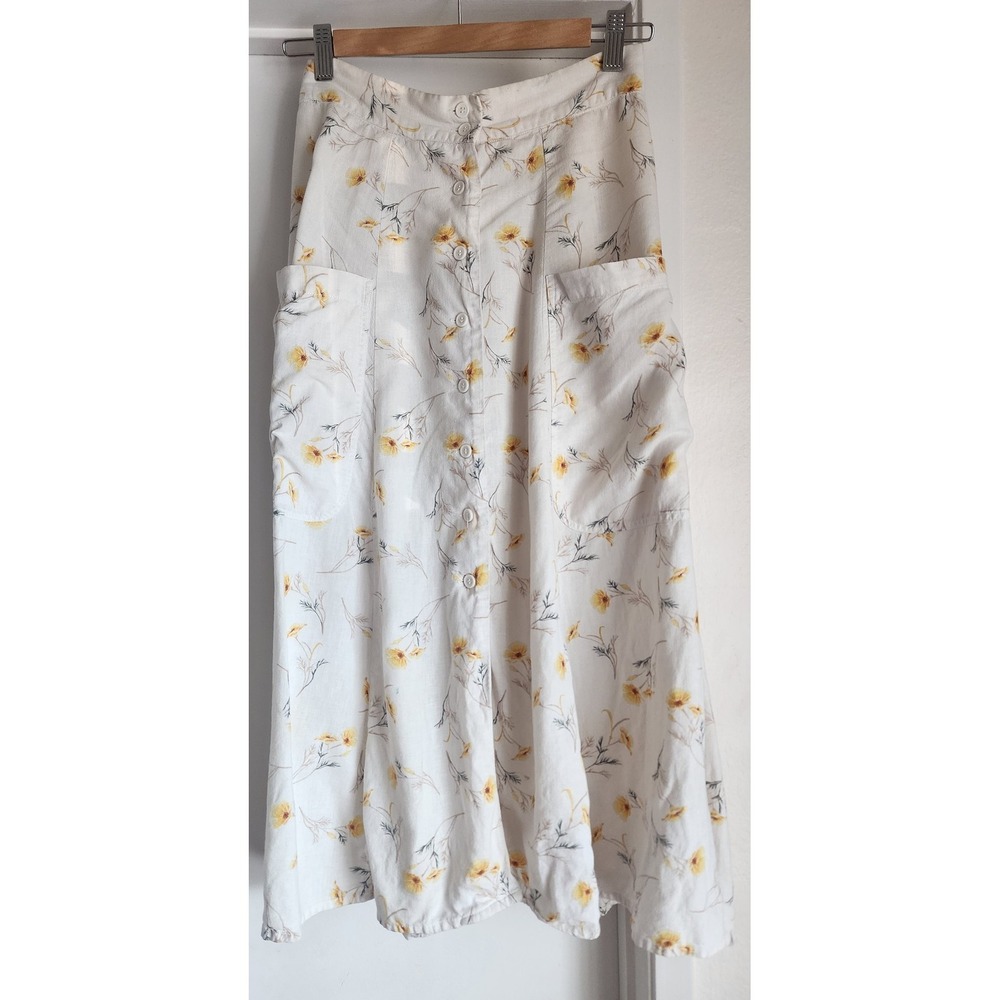 Happy X Nature Kate Hudson Midi Skirt Size‎ 0 Floral White Linen Blend Retro